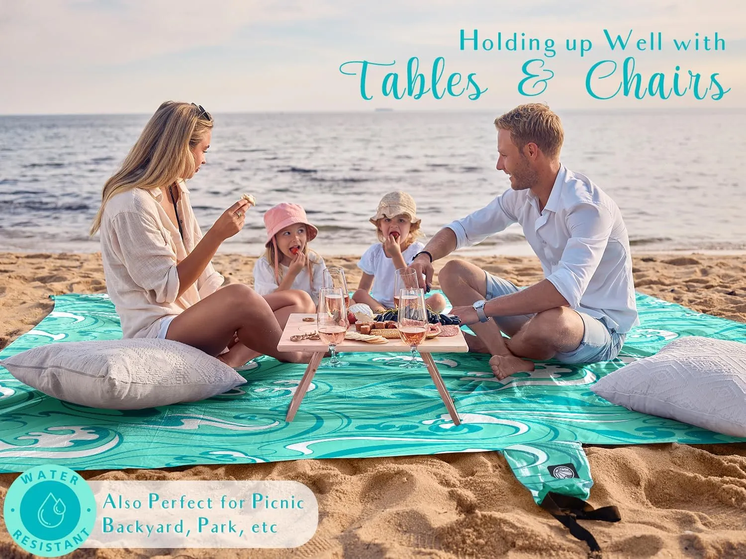 WEKAPO Beach Blanket Waterproof Sandproof Oversized Extra Large Sand Free Beach Mat with Stakes, Storage Bag - Essentials for Outdoor Beach, Picnic (Turquoise Ocean Waves, 8 X 7 FT (1~4 Person))