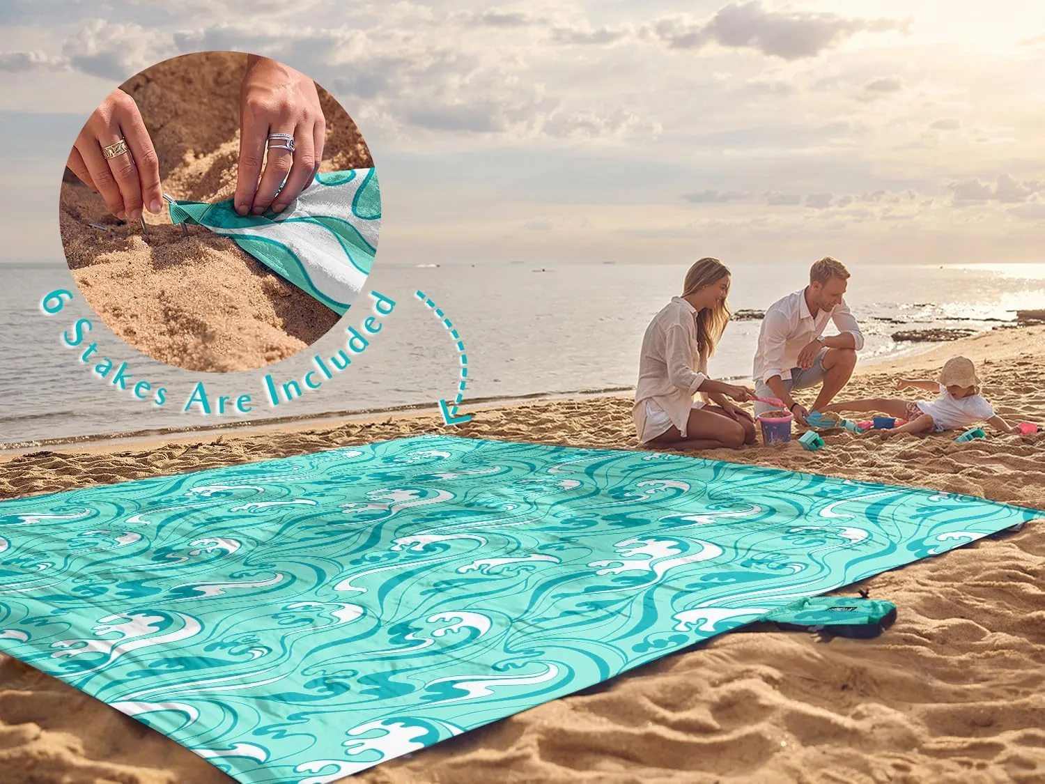 WEKAPO Beach Blanket Waterproof Sandproof Oversized Extra Large Sand Free Beach Mat with Stakes, Storage Bag - Essentials for Outdoor Beach, Picnic (Turquoise Ocean Waves, 8 X 7 FT (1~4 Person))