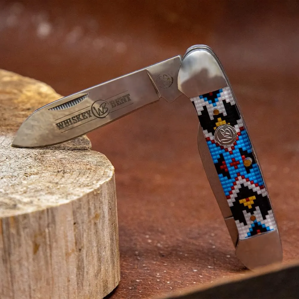 WHISKEY BENT HAT CO. Traditional Canoe Folding Knife 3.63" Closed Length 440C Stainless Steel Blades (Sky Bead)