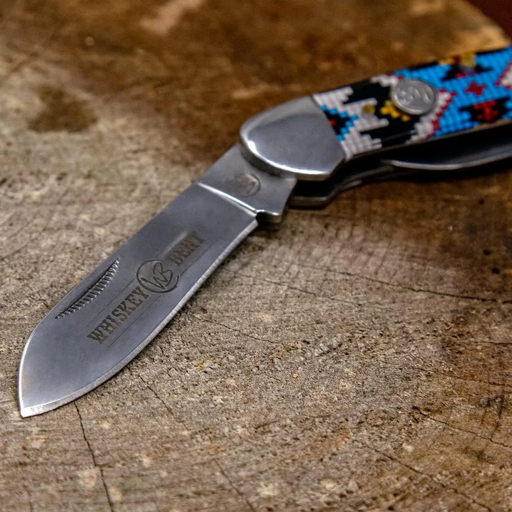 WHISKEY BENT HAT CO. Traditional Canoe Folding Knife 3.63" Closed Length 440C Stainless Steel Blades (Sky Bead)