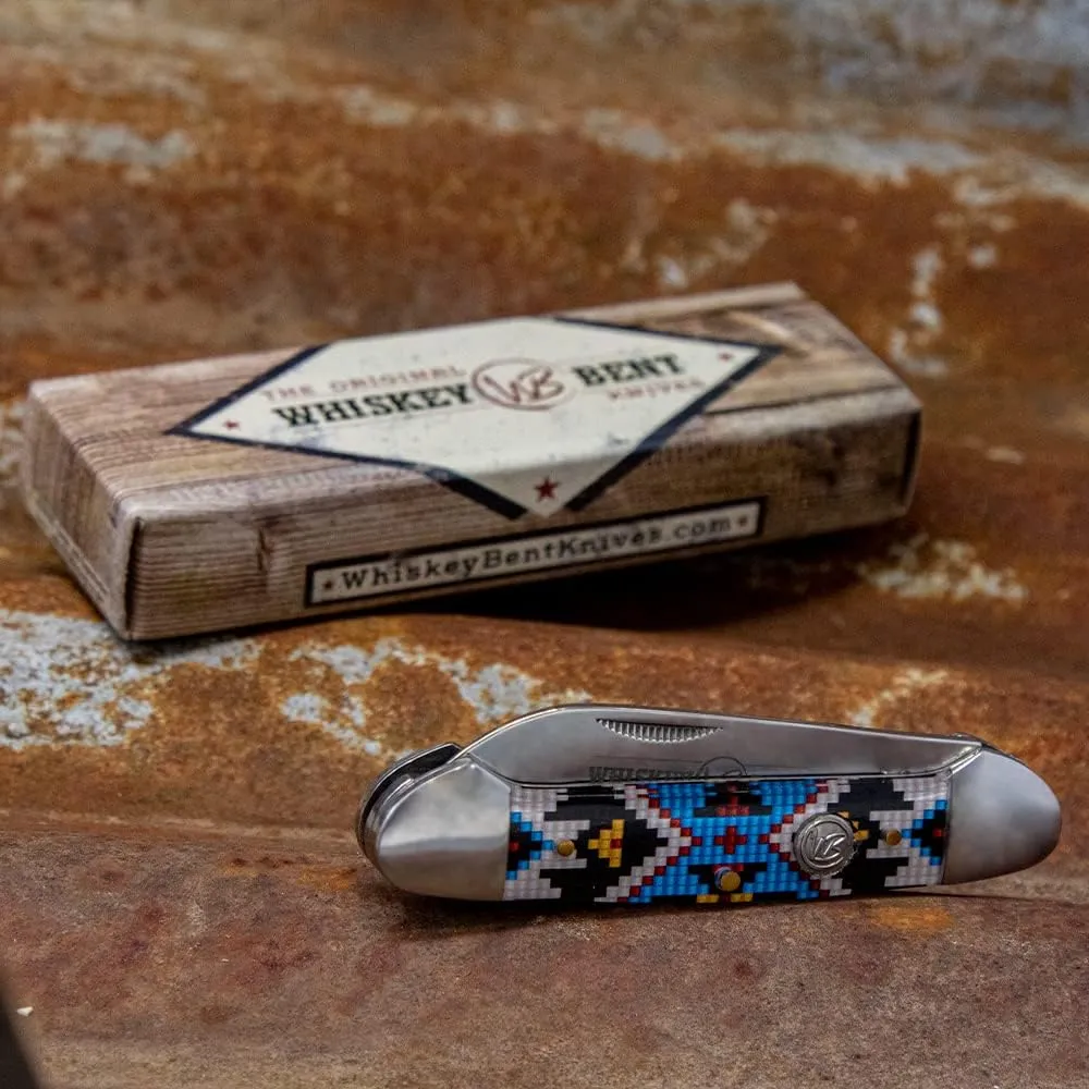 WHISKEY BENT HAT CO. Traditional Canoe Folding Knife 3.63" Closed Length 440C Stainless Steel Blades (Sky Bead)