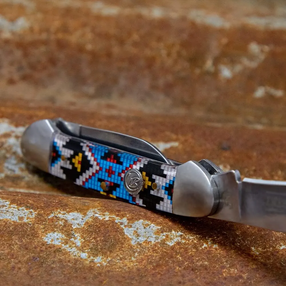 WHISKEY BENT HAT CO. Traditional Canoe Folding Knife 3.63" Closed Length 440C Stainless Steel Blades (Sky Bead)