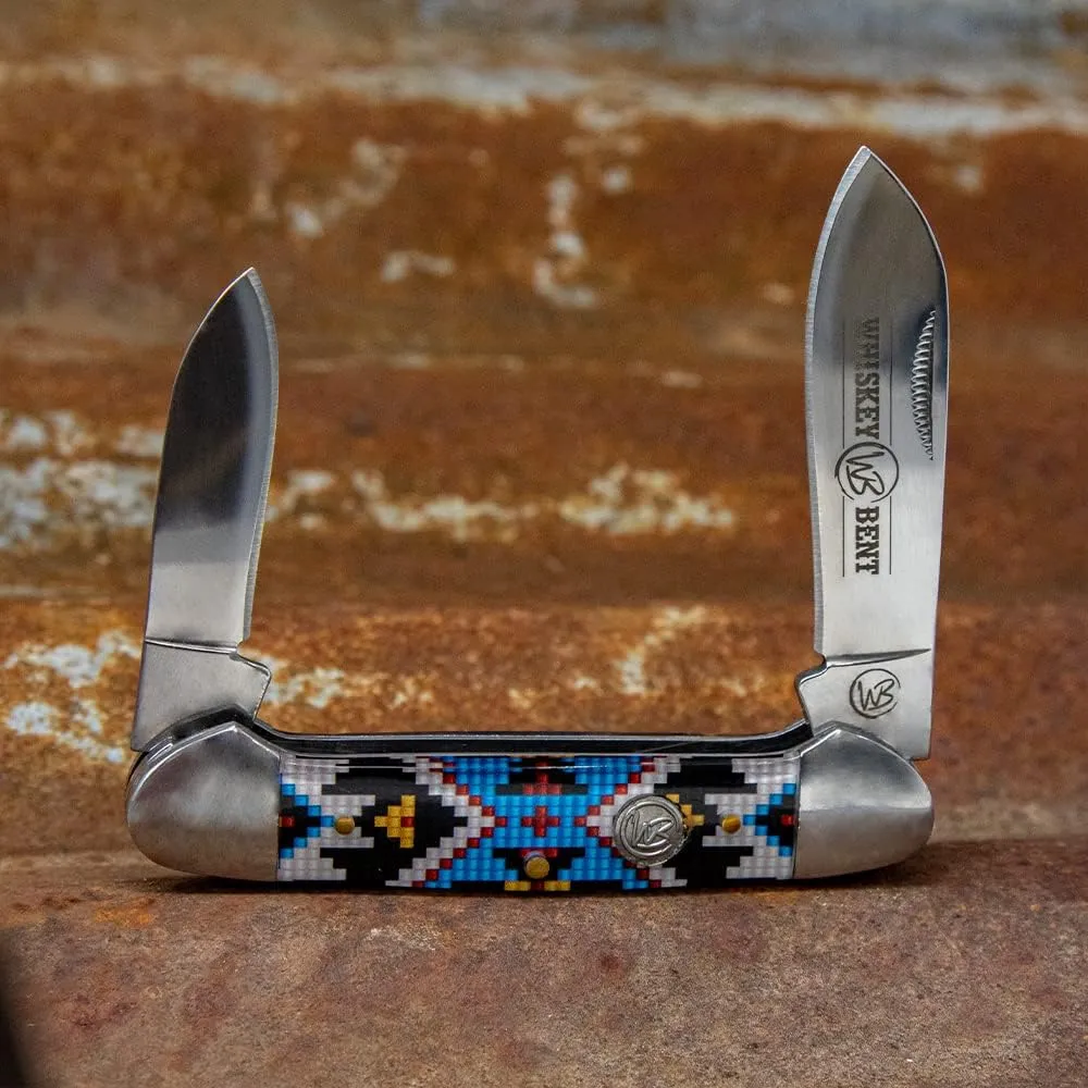 WHISKEY BENT HAT CO. Traditional Canoe Folding Knife 3.63" Closed Length 440C Stainless Steel Blades (Sky Bead)