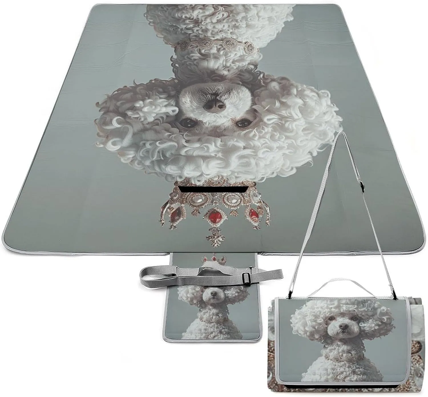 White Toy Poodle Picnic Blanket Outdoor, Oversized Beach Blanket, Foldable Lightweight Waterproof Sand Cushion Suitable for Beaches, Camping Grasslands Mat