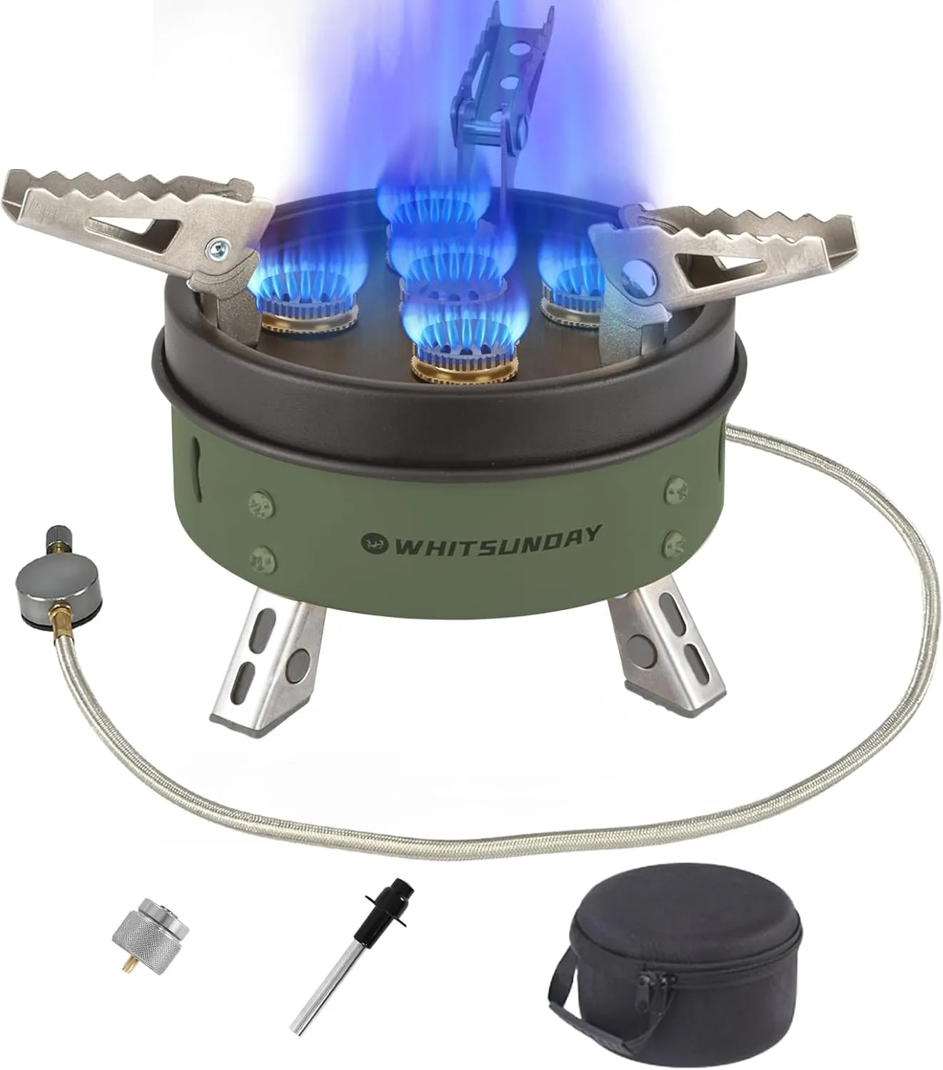Whitsunday Camping Stove, Windproof Portable Gas Stove with Fuel Canister Adapter, Piezo Ignition, Carry Case for Outdoor Camping Hiking (11000W-Green)