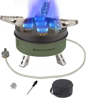 Whitsunday Camping Stove, Windproof Portable Gas Stove with Fuel Canister Adapter, Piezo Ignition, Carry Case for Outdoor Camping Hiking (11000W-Green)