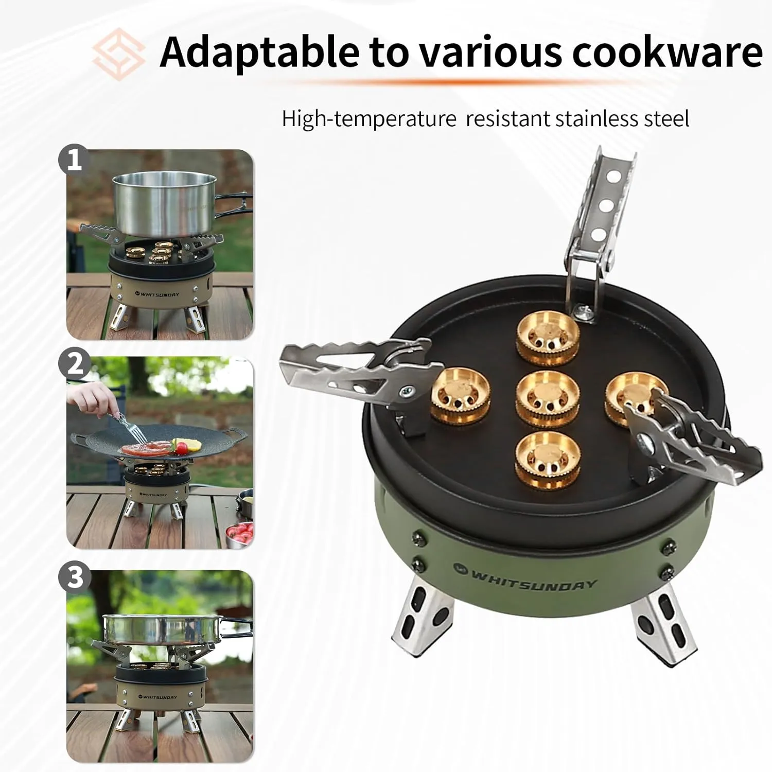 Whitsunday Camping Stove, Windproof Portable Gas Stove with Fuel Canister Adapter, Piezo Ignition, Carry Case for Outdoor Camping Hiking (11000W-Green)