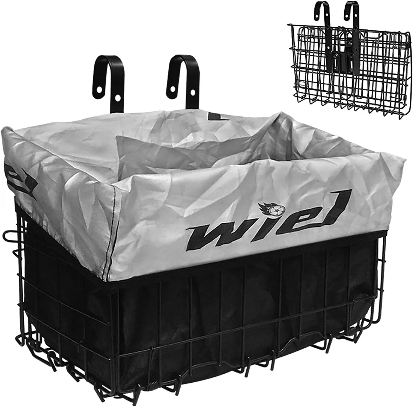 Wiel Bike Basket with Black Liner Rainproof Cover, Folding Steel Bicycle Basket Easy Install to Front Handlebar or Rear Rack, Heavy-Duty Metal Wire Bearing 33 lbs for Commuter Grocery Shopping Picnic