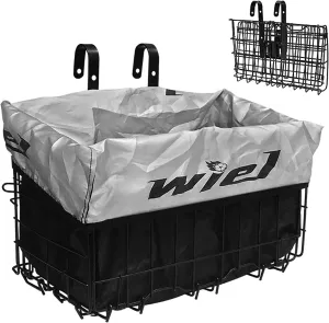 Wiel Bike Basket with Black Liner Rainproof Cover, Folding Steel Bicycle Basket Easy Install to Front Handlebar or Rear Rack, Heavy-Duty Metal Wire Bearing 33 lbs for Commuter Grocery Shopping Picnic