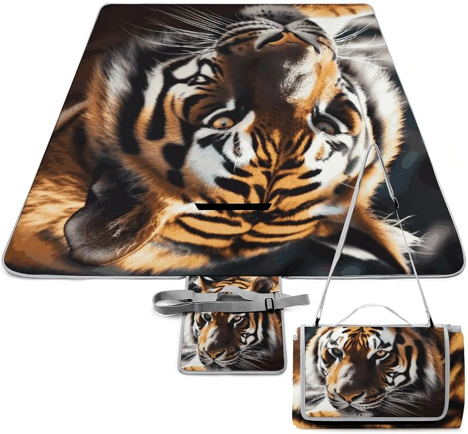 Wild Animal Tiger Picnic Blanket Outdoor, Oversized Beach Blanket, Foldable Lightweight Waterproof Sand Cushion Suitable for Beaches, Camping Grasslands Mat