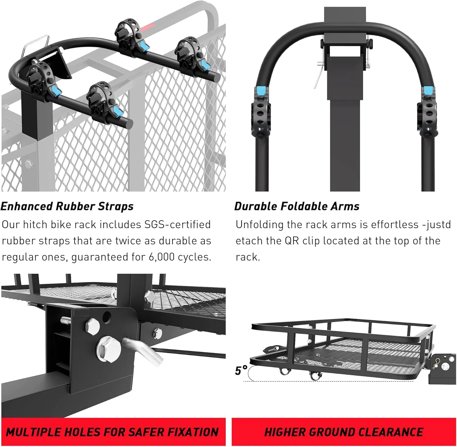 Wildroad Hitch Cargo Carrier Basket 60" x 24" x 6" 500 LBS Folding Trailer Hitch Cargo Carrier Fits 2" Receiver with Wobble Free Smart Tilting Bike Rack and Ratchet Straps.