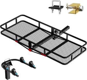 Wildroad Hitch Cargo Carrier Basket 60" x 24" x 6" 500 LBS Folding Trailer Hitch Cargo Carrier Fits 2" Receiver with Wobble Free Smart Tilting Bike Rack and Ratchet Straps.