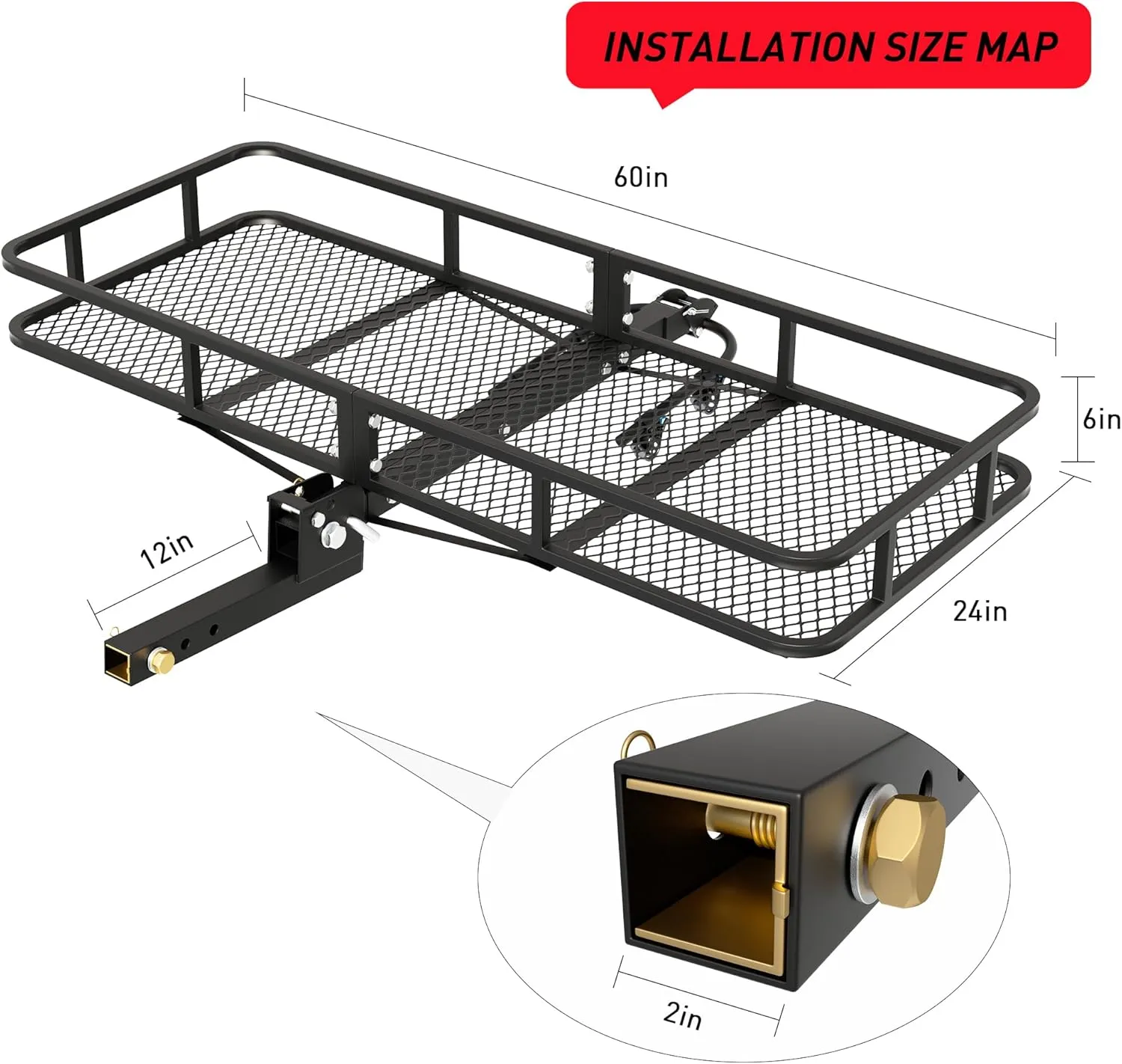 Wildroad Hitch Cargo Carrier Basket 60" x 24" x 6" 500 LBS Folding Trailer Hitch Cargo Carrier Fits 2" Receiver with Wobble Free Smart Tilting Bike Rack and Ratchet Straps.