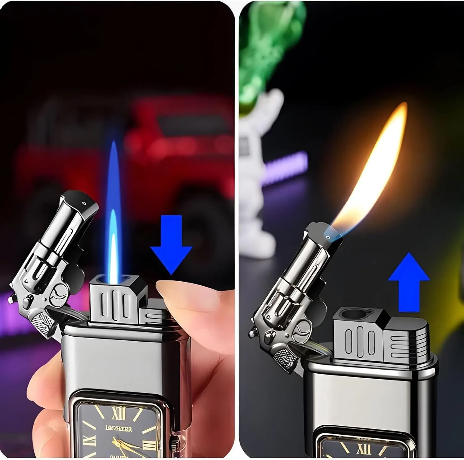 Wind-Proof Lighter Vintage Watch Bezel Jet Flame,Men's Cool Dual Flame Lighter (Violent Robbery)