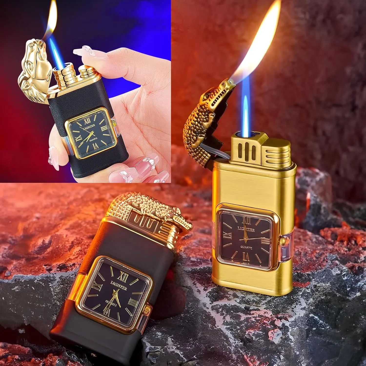 Wind-Proof Lighter Vintage Watch Bezel Jet Flame,Men's Cool Dual Flame Lighter (Violent Robbery)