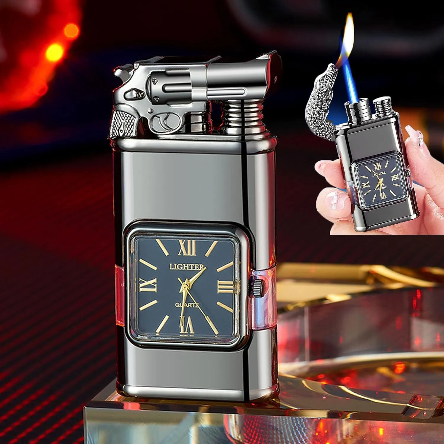 Wind-Proof Lighter Vintage Watch Bezel Jet Flame,Men's Cool Dual Flame Lighter (Violent Robbery)