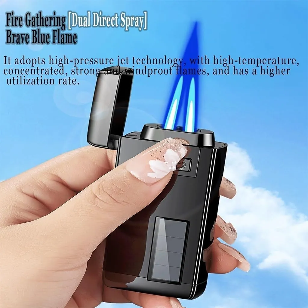 Windproof Butane Lighter, Jet Dual Flame, Visible Air Window, Multi-Function Flame Adjustment, with Punch, Suitable for Daily Use and Outdoor Activities (Fuel Not Included)(Black Ice)