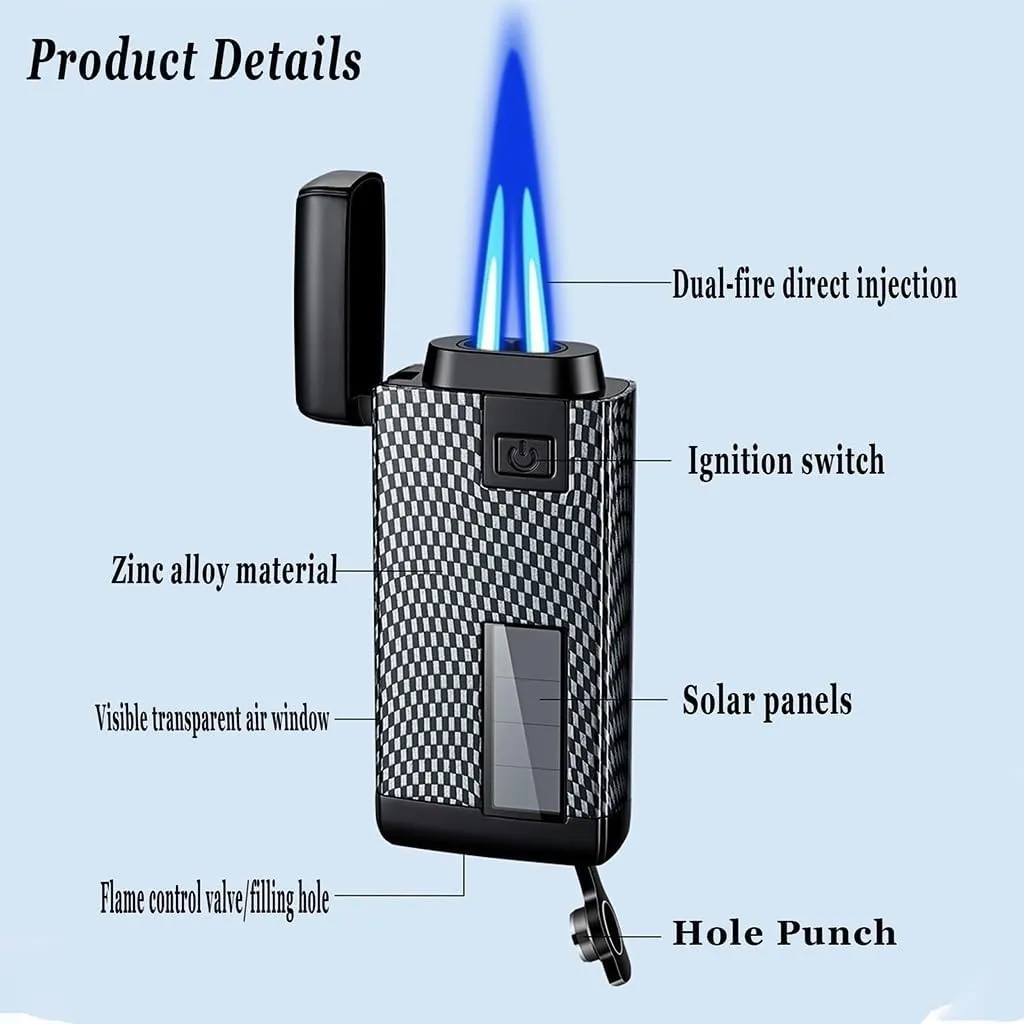 Windproof Butane Lighter, Jet Dual Flame, Visible Air Window, Multi-Function Flame Adjustment, with Punch, Suitable for Daily Use and Outdoor Activities (Fuel Not Included)(Black Ice)