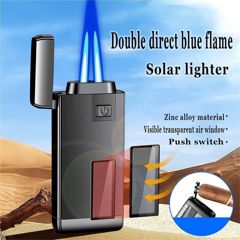 Windproof Butane Lighter, Jet Dual Flame, Visible Air Window, Multi-Function Flame Adjustment, with Punch, Suitable for Daily Use and Outdoor Activities (Fuel Not Included)(Black Ice)