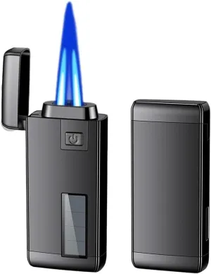 Windproof Butane Lighter, Jet Dual Flame, Visible Air Window, Multi-Function Flame Adjustment, with Punch, Suitable for Daily Use and Outdoor Activities (Fuel Not Included)(Black Ice)