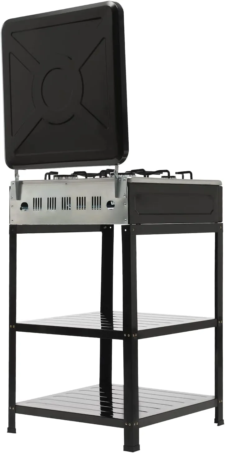 Windproof Camping Stove with 4 Burner - Heavy Duty Outdoor Portable Gas Burner Stove with Wind Blocking Cover and Detachable Stand Legs Outdoor Camp Stove for Camp Cooking(Black)