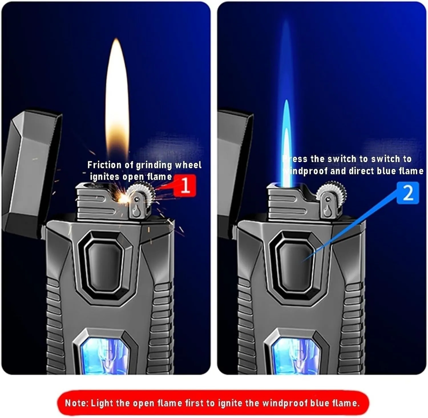 Windproof Double Flame Lighter, Butane Lighter, Visible Transparent Beam Lighter, Adjustable Flame Size Lighter (Butane not Included)(Blueb)