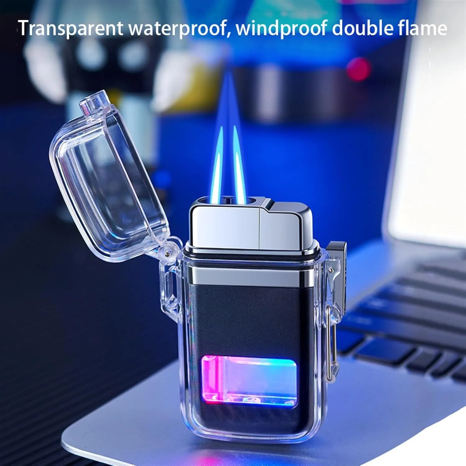 Windproof Double Flame Lighter, Windproof and Waterproof Lighter, Torch Lighter, refillable Butane Torch Lighter, Suitable for Hiking, Picnic, Camping, Gift(D)