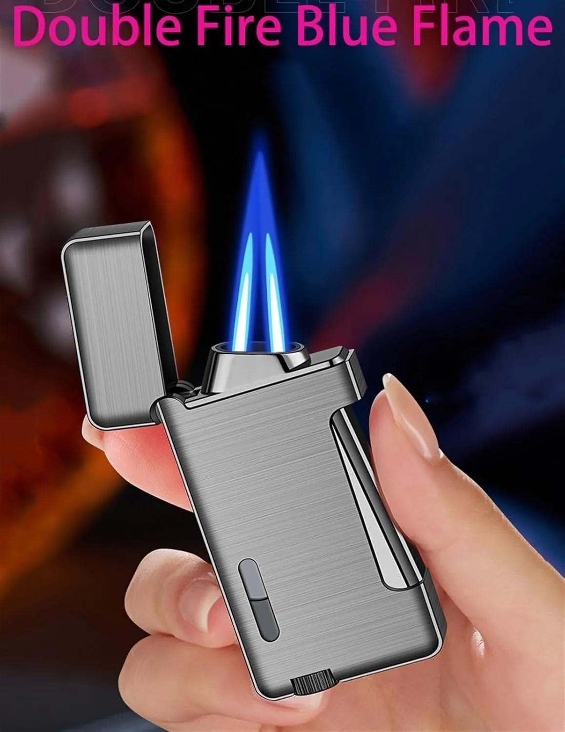 Windproof Dual Flame Lighter, Blue Flame, Butane Lighter, Visible Fuel Window Lighter, Rechargeable Adjustable Flame Lighter, Metal Body Lighter. Gift(A)