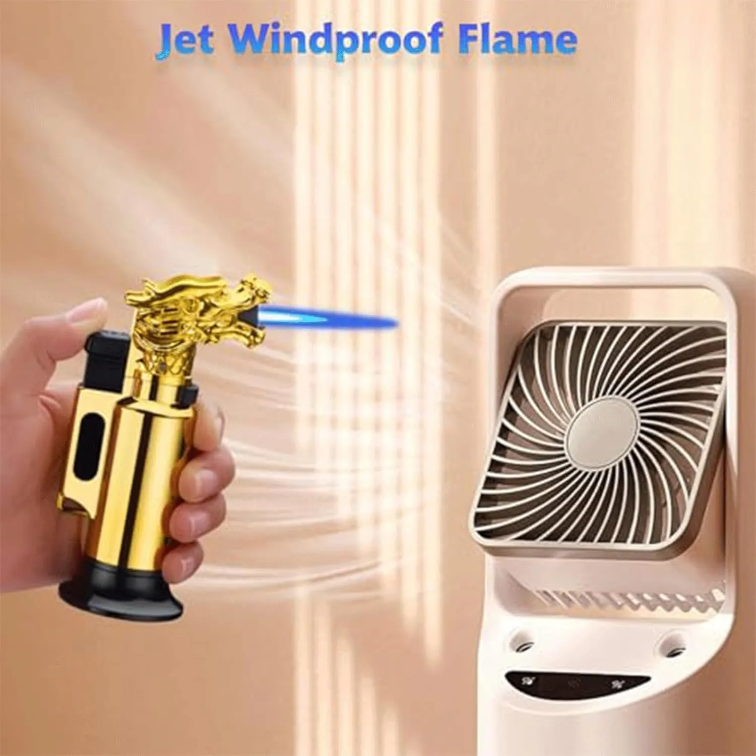 Windproof Flame Torch Lighter, Adjustable Flame, Lockable, Butane Refillable, Multi-Function, Metal, Suitable for Indoor and Outdoor(Gold)