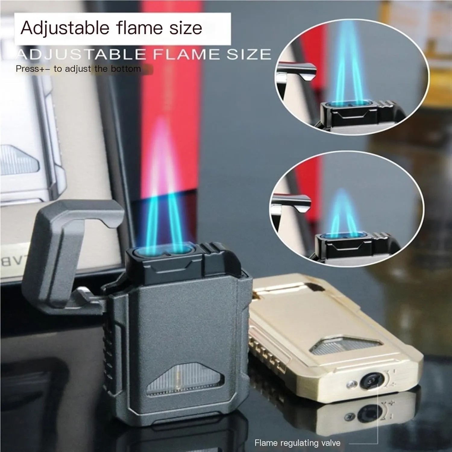 Windproof Lighter, flip top Lighter, Butane Lighter, Dual Nozzle Torch Lighter with Viewing Window, refillable and Adjustable Pocket Lighter, Gift for Men and Women (Color : C)