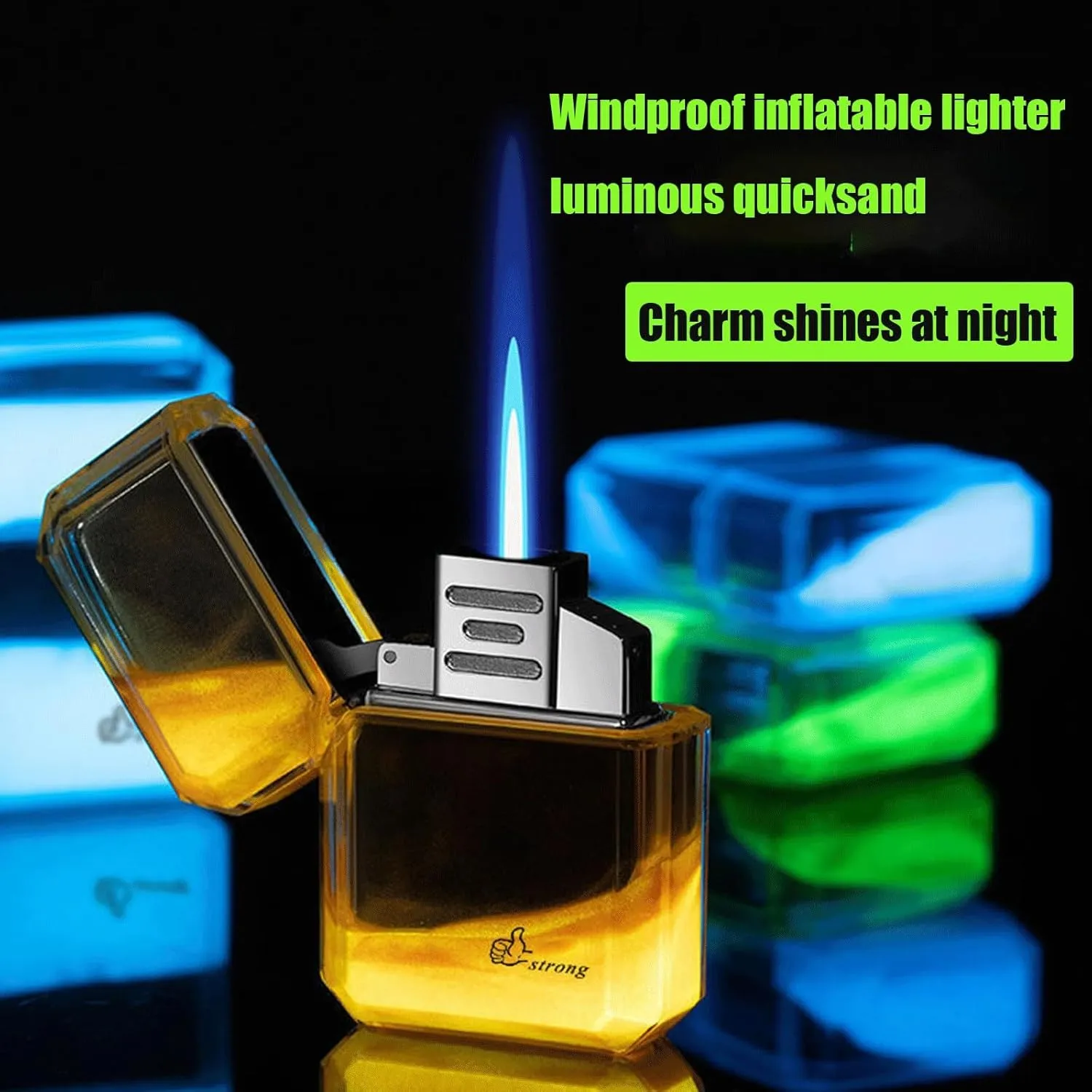 Windproof Lighter，refillable lighters,Torch Butane Lighter Gas Lighter【Quicksand   Luminous That Glows at Night/Transparent Oil bin fine Gift (Color : Orange)