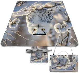 Winter White Owl Picnic Blanket Outdoor, Oversized Beach Blanket, Foldable Lightweight Waterproof Sand Cushion Suitable for Beaches, Camping Grasslands Mat