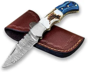 WINTERFELL Damascus Pocket Knife For Men, 6.5" Handmade Folding Knives with Leather Sheath For Hunting, Camping, Hiking, Stag Antler Handle Back Lock Knife, Unique Gift For Husband, Father's Day Gift