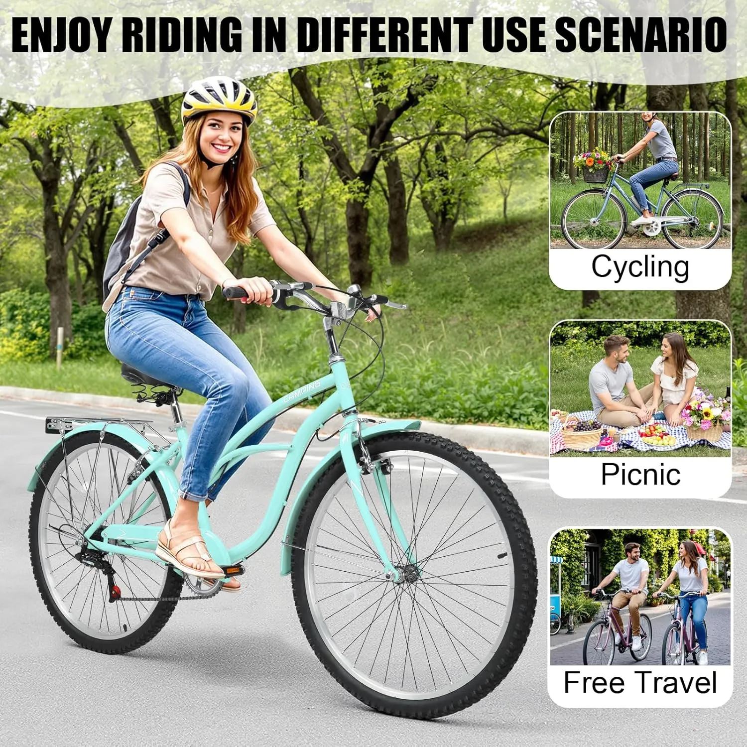 Women Bike, 26 Inch Beach Cruiser Bike, 7 Speed Commuter Bicycle with Ergonomic Upright Frame, Full Front & Rear Fenders and Foldable Front Basket (Green/Black/Red)