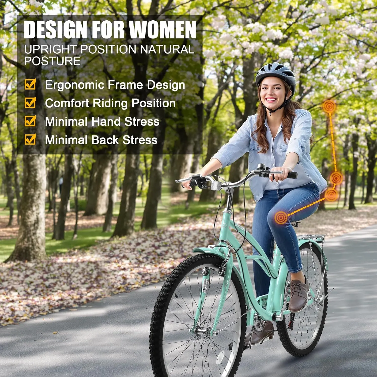 Women Bike, 26 Inch Beach Cruiser Bike, 7 Speed Commuter Bicycle with Ergonomic Upright Frame, Full Front & Rear Fenders and Foldable Front Basket (Green/Black/Red)