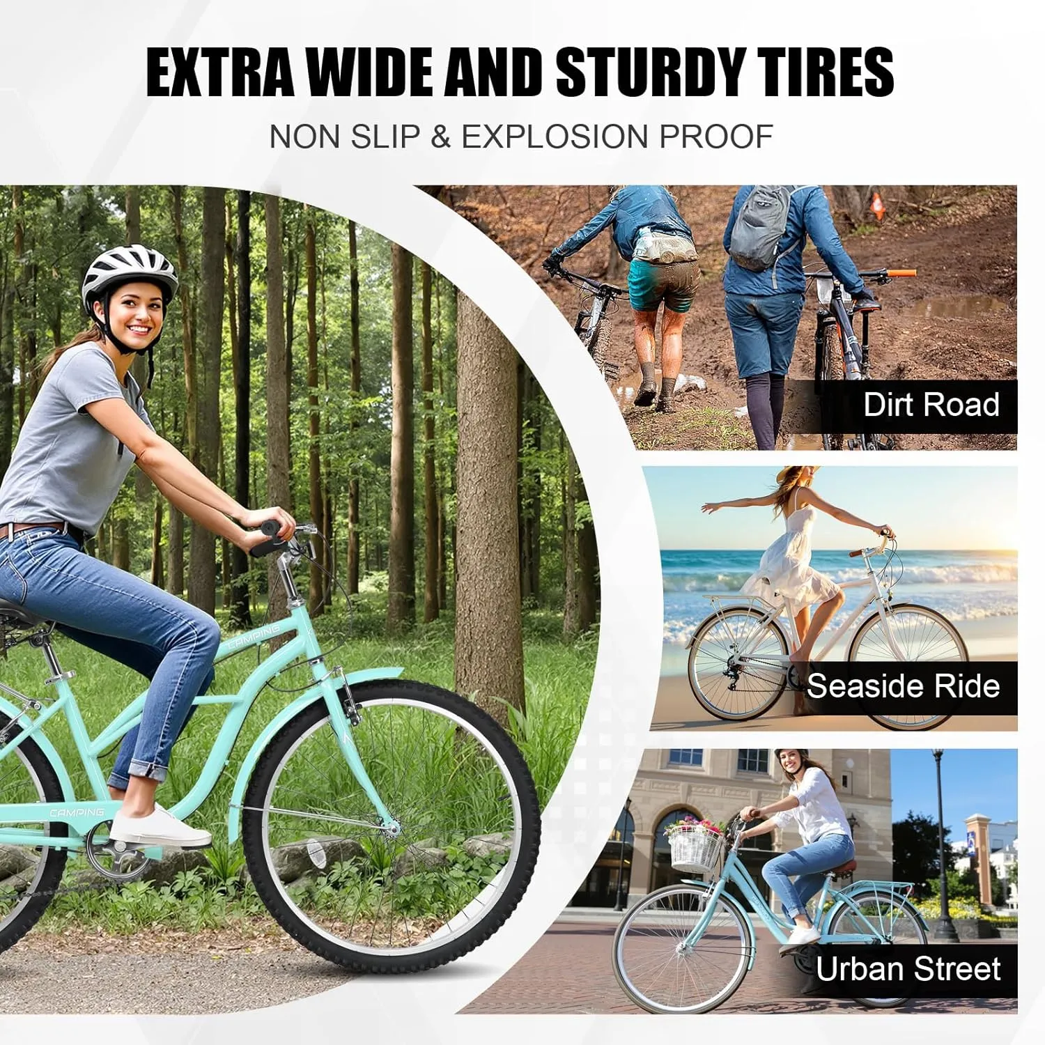 Women Bike, 26 Inch Beach Cruiser Bike, 7 Speed Commuter Bicycle with Ergonomic Upright Frame, Full Front & Rear Fenders and Foldable Front Basket (Green/Black/Red)