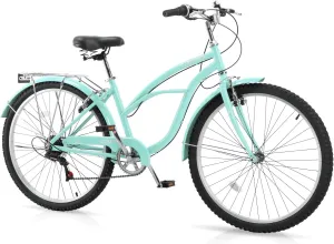 Women Bike, 26 Inch Beach Cruiser Bike, 7 Speed Commuter Bicycle with Ergonomic Upright Frame, Full Front & Rear Fenders and Foldable Front Basket (Green/Black/Red)