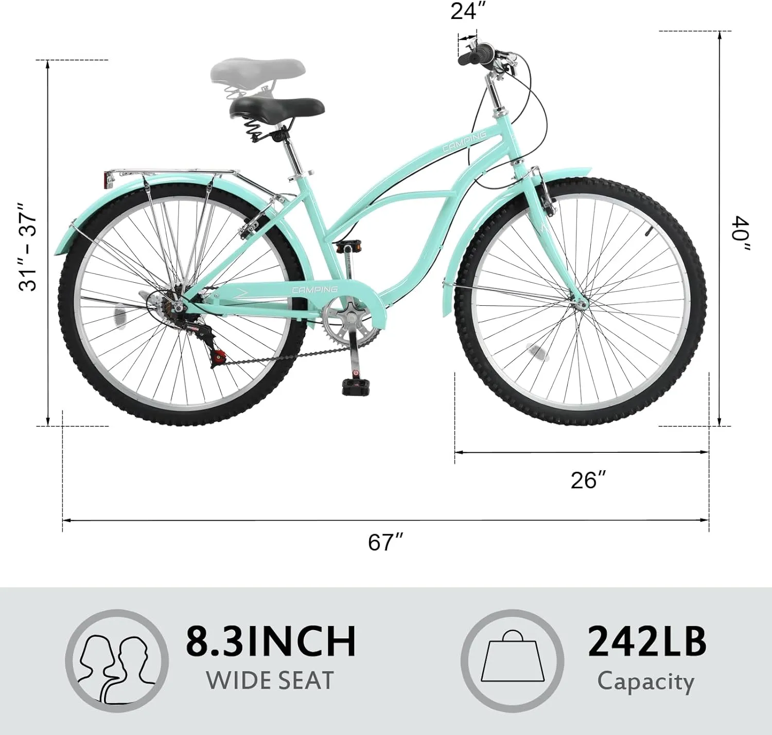 Women Bike, 26 Inch Beach Cruiser Bike, 7 Speed Commuter Bicycle with Ergonomic Upright Frame, Full Front & Rear Fenders and Foldable Front Basket (Green/Black/Red)