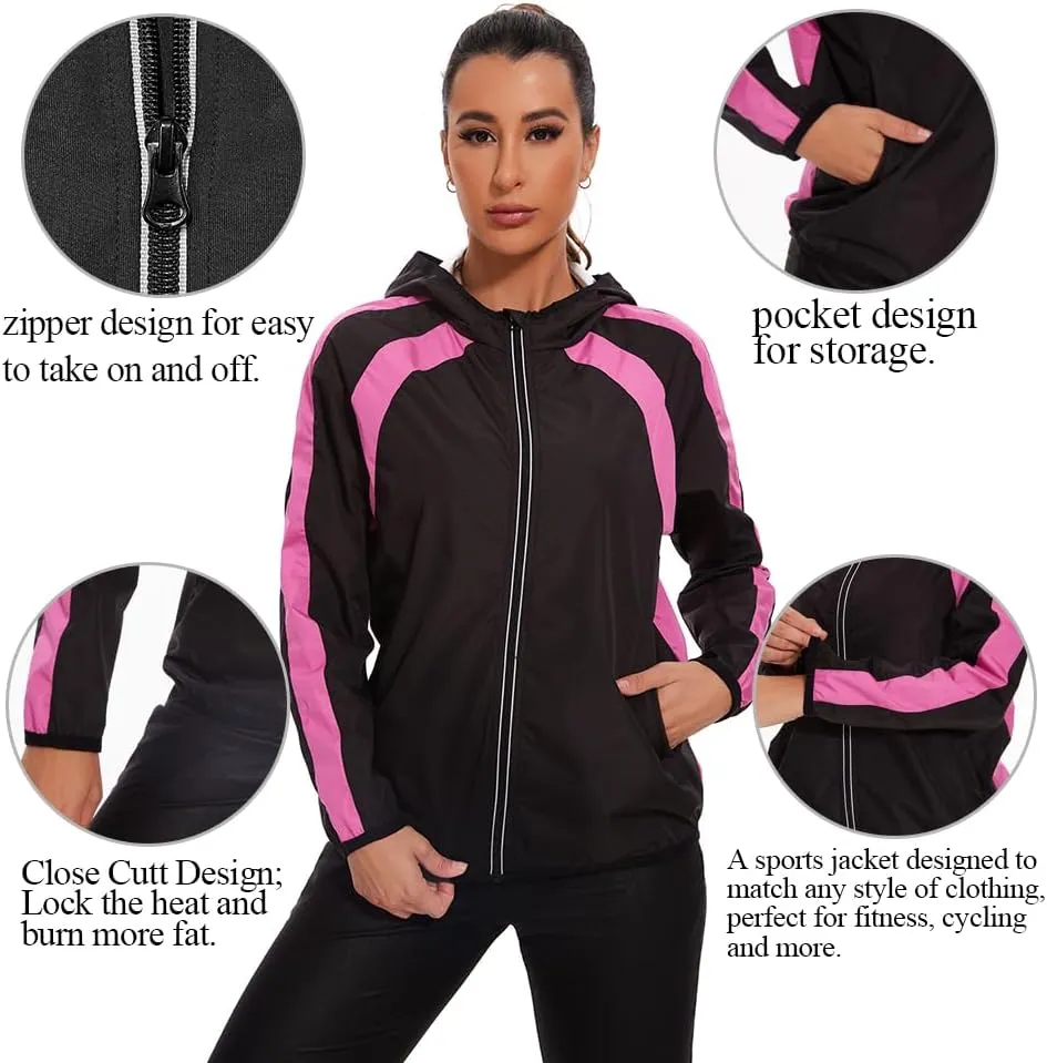 Women Sauna Jackets Sweat Suit Long Sleeve Zipper with Hood Sauna Shirt Body Shaper Top Workout Gym Exercise