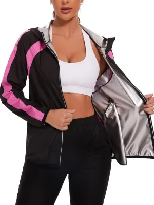 Women Sauna Jackets Sweat Suit Long Sleeve Zipper with Hood Sauna Shirt Body Shaper Top Workout Gym Exercise