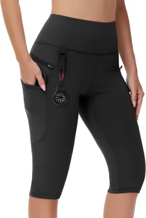 Women's Hiking Long Shorts Knee Length Capri Leggings with Zip Pockets High Waisted Biker Short Athletic Outdoor Travel