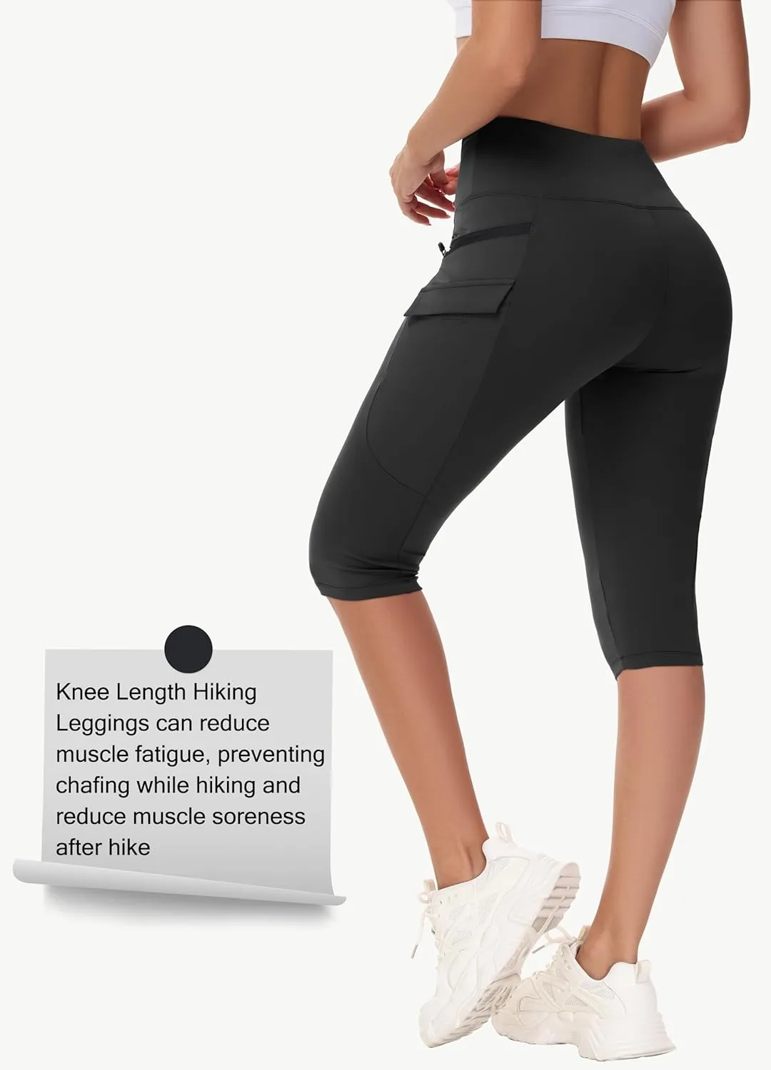 Women's Hiking Long Shorts Knee Length Capri Leggings with Zip Pockets High Waisted Biker Short Athletic Outdoor Travel