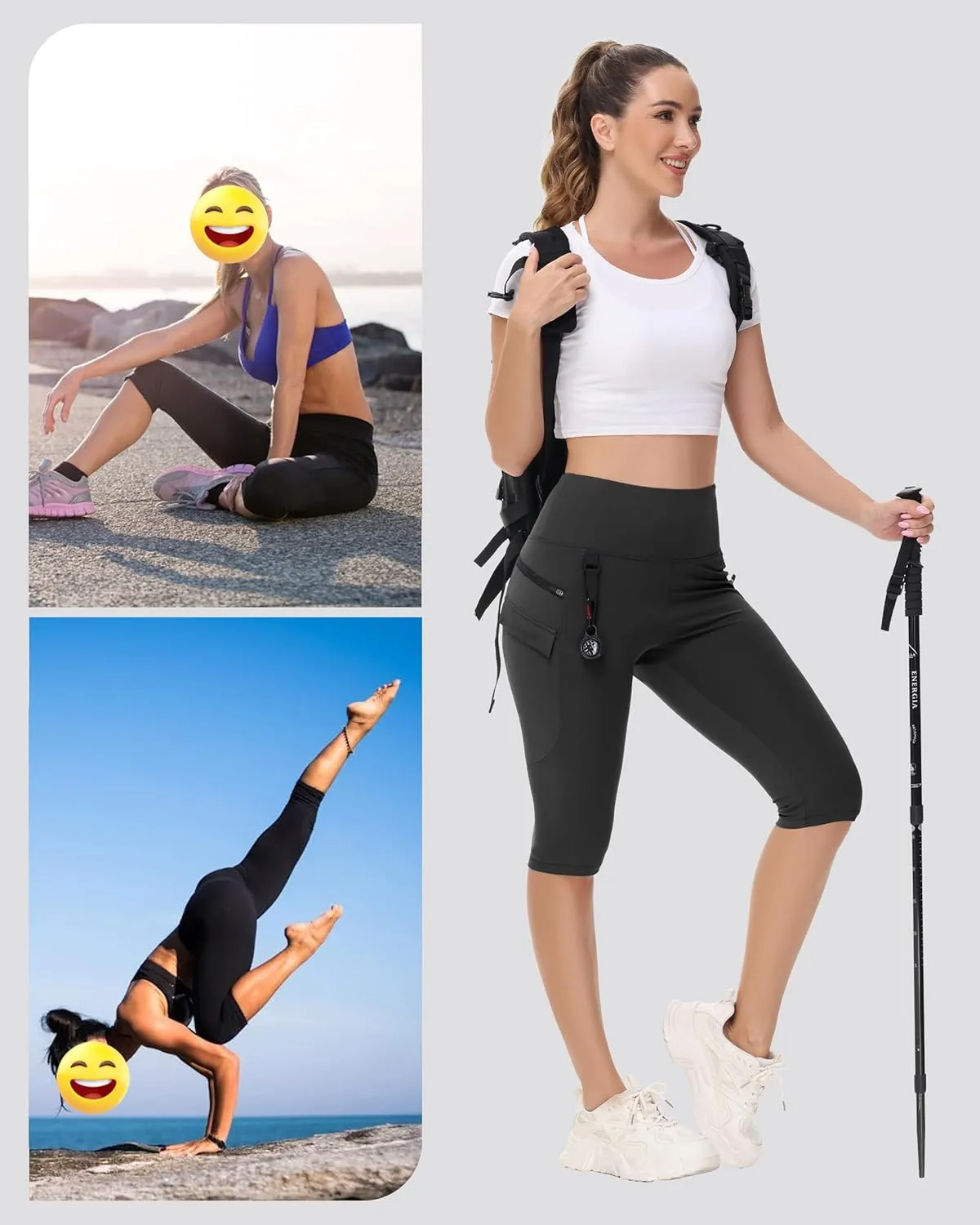 Women's Hiking Long Shorts Knee Length Capri Leggings with Zip Pockets High Waisted Biker Short Athletic Outdoor Travel