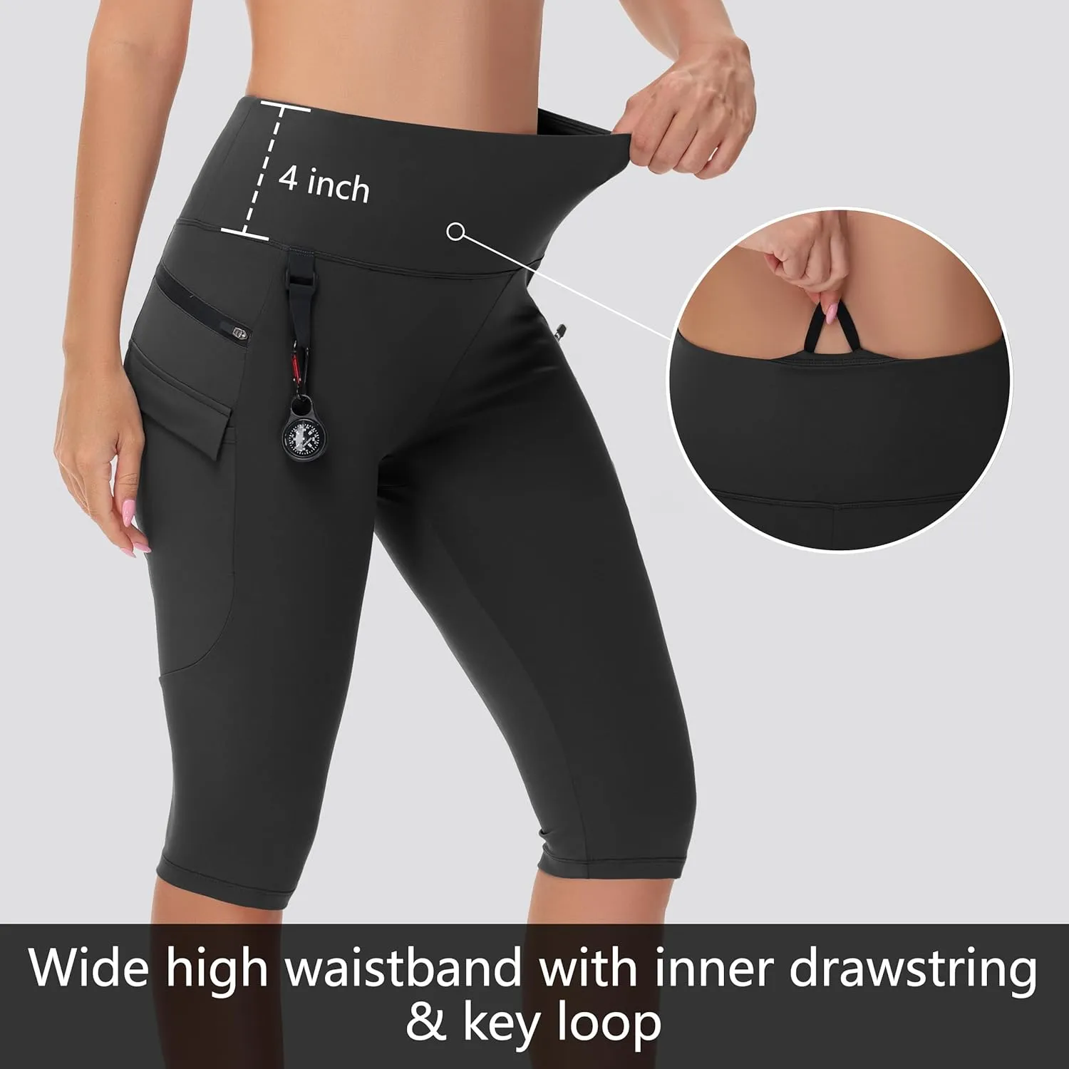 Women's Hiking Long Shorts Knee Length Capri Leggings with Zip Pockets High Waisted Biker Short Athletic Outdoor Travel