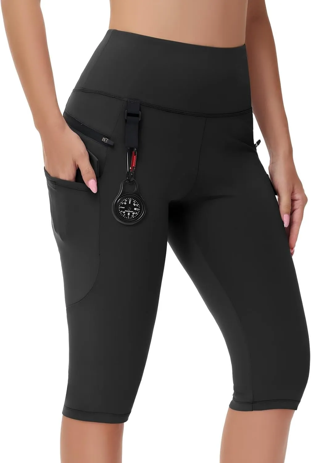 Women's Hiking Long Shorts Knee Length Capri Leggings with Zip Pockets High Waisted Biker Short Athletic Outdoor Travel