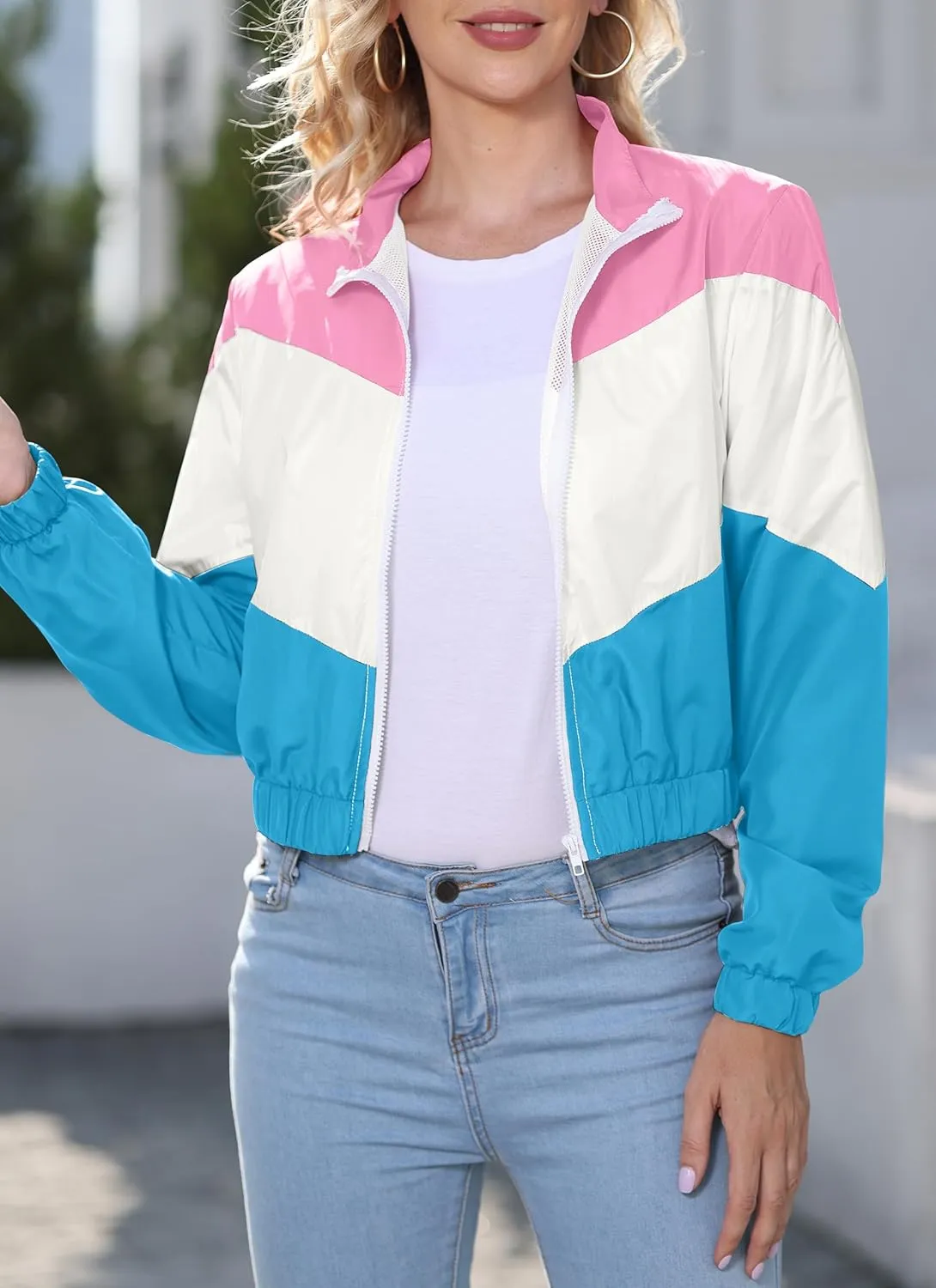 Women’s Lightweight Windbreaker Sport Jacket Zip Up Color Block Coat Casual Long Sleeve Jogging Outerwear