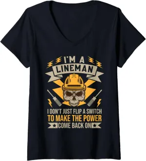 Womens Power Lineman Quote Pole Climbing Electrician Flip A Switch V-Neck T-Shirt