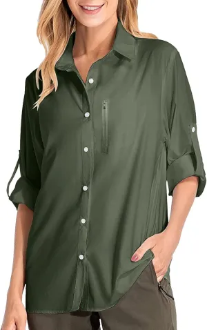 Women's UPF 50 Long Sleeve UV Sun Protection Safari Shirts Outdoor Quick Dry Sun Shirt Fishing Hiking Travel Shirts