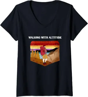 Womens Walking with Altitude Camping Mountain Camper Summit Hiking V-Neck T-Shirt