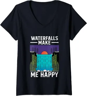 Womens Waterfalls Make Me Happy Water Hiking Hike Trekking Hiker V-Neck T-Shirt